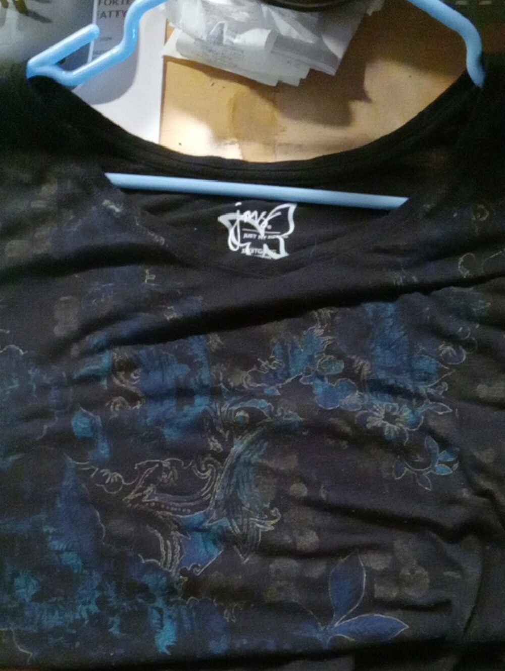 (176) Just My Size Black Long Sleeve Top with Teal Blue Print